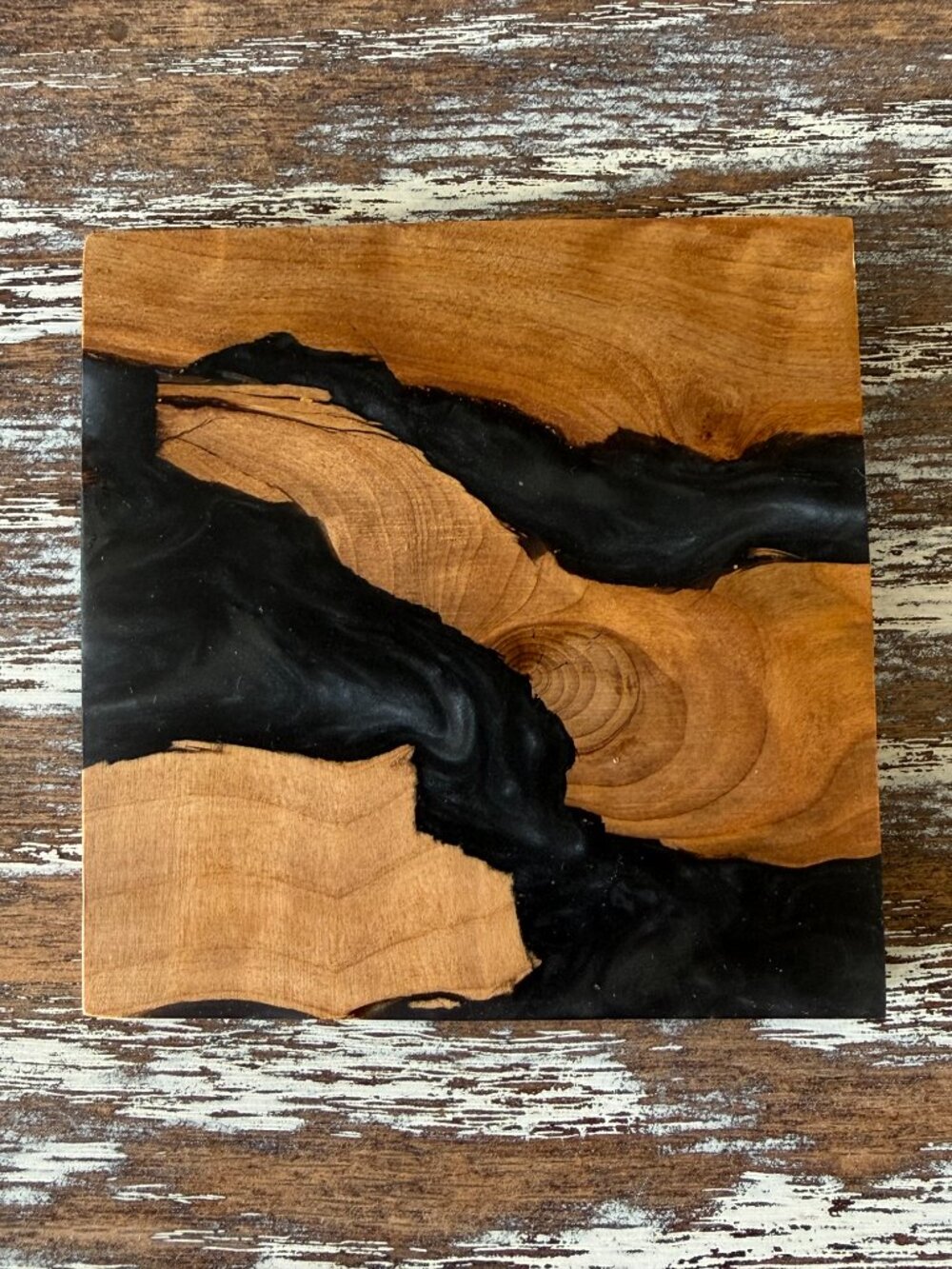 Square Gray Black Resin River Wood Drink Coasters Set of 4 Housewarming Gift - Picture 6 of 7